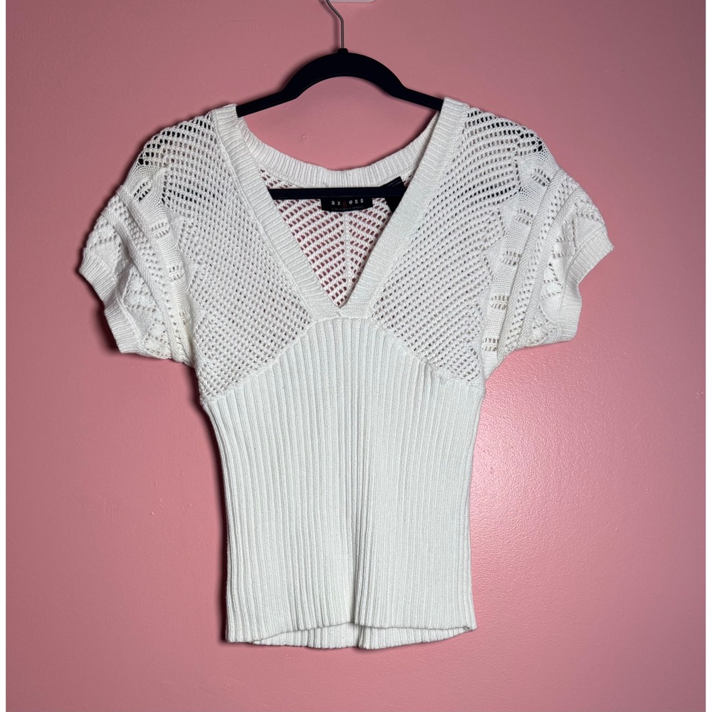 Axcess Knit Sweater Women Medium White Good V-Neck Short Sleeve Pointelle Cotton